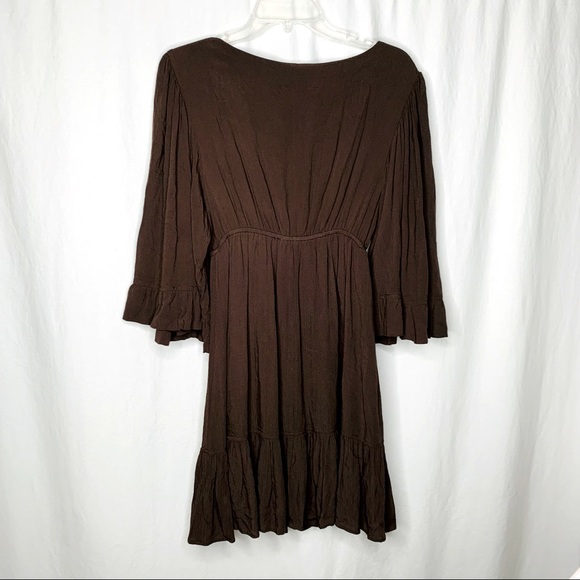 JUDITH MARCH Boho Dress - BROWN BOHO RUFFLE BELL SLEEVE DEEP V NECK DRESS M - Picture 2 of 4
